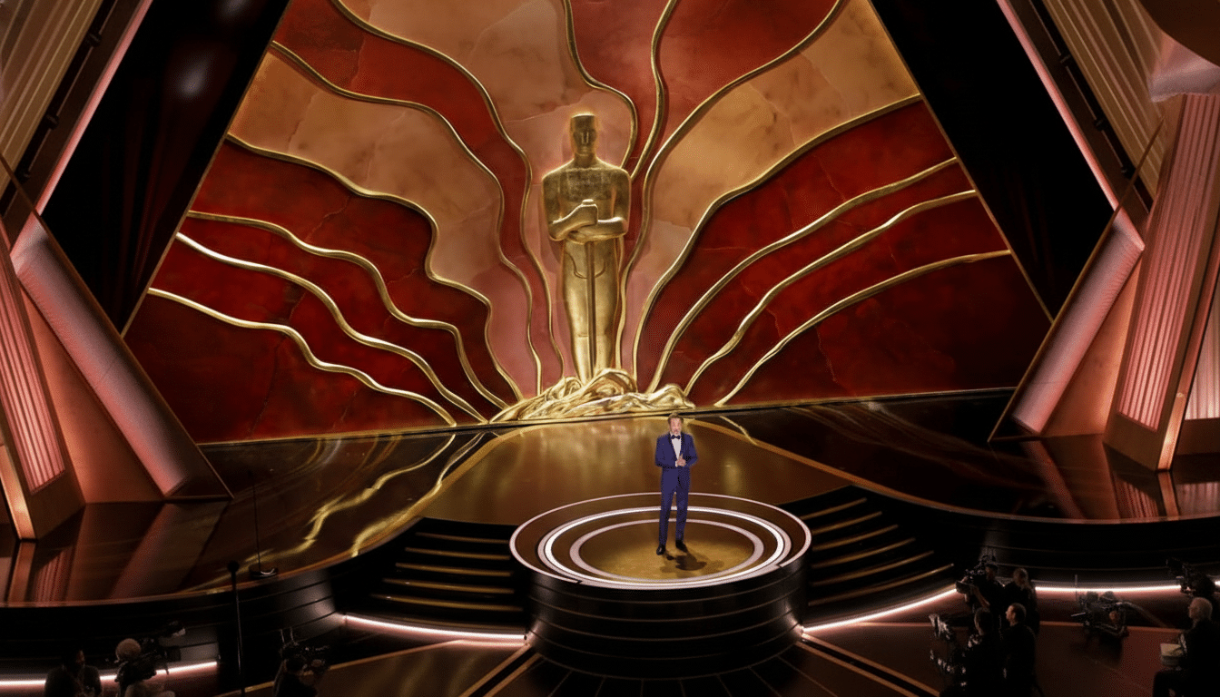 A man in a blue suit stands on a circular stage in front of a large golden Oscar statue, with a red and gold wavy backdrop.