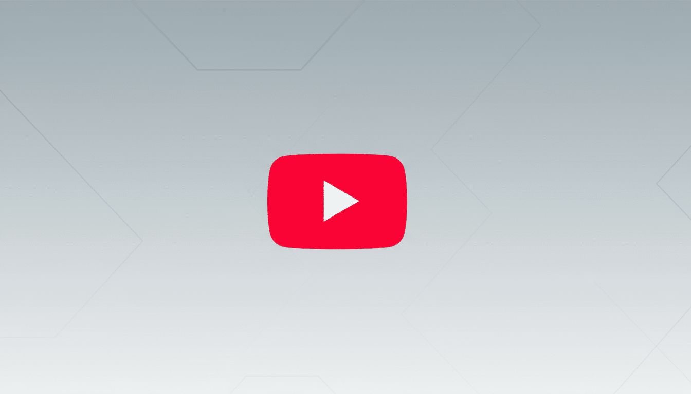 The YouTube logo, a red rounded rectangle with a white play button triangle in the center, is presented on a professional flat design background with soft gray gradients and subtle geometric patterns.