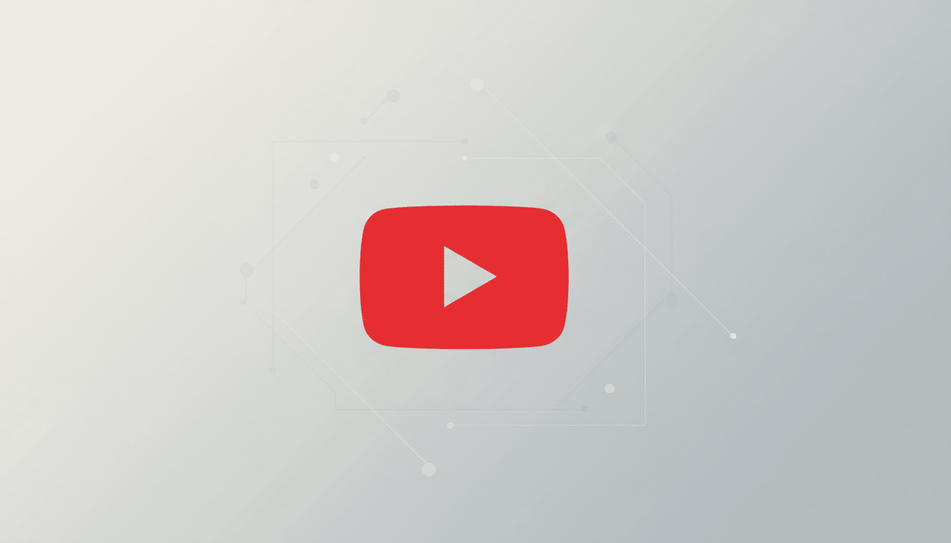 The YouTube logo, a red rounded rectangle with a white play icon, centered on a professional light gray gradient background with subtle geometric patterns.
