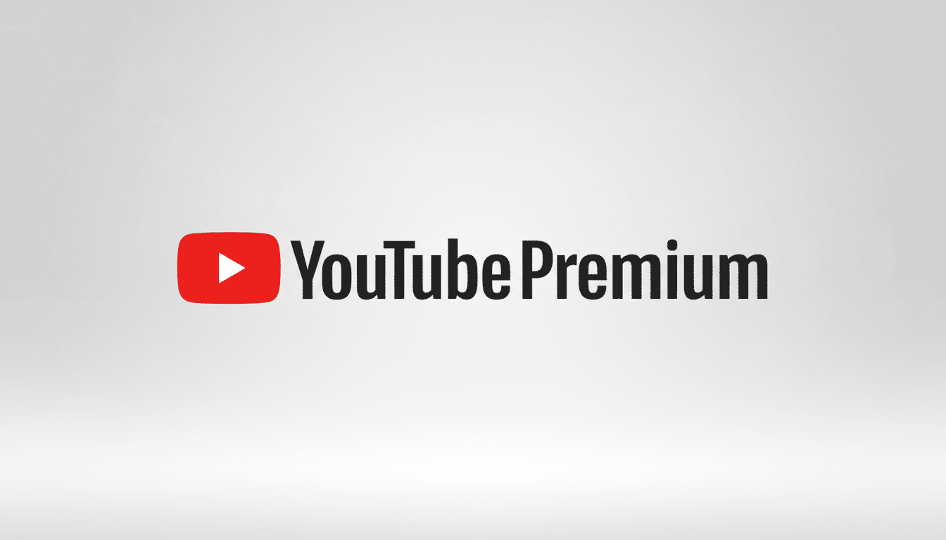 The YouTube Premium logo, featuring the red play button icon and YouTube Premium text, presented on a professional light gray background with subtle geometric patterns.