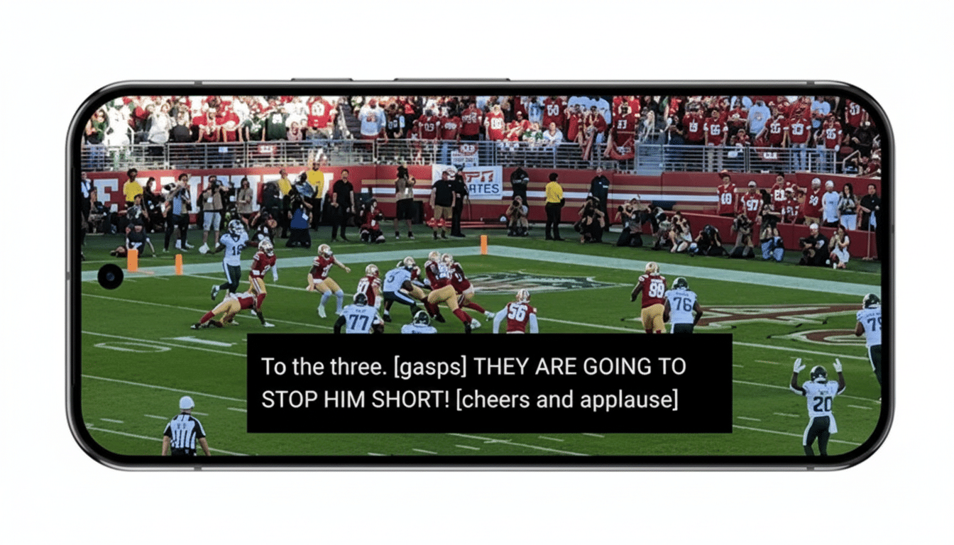 A smartphone displaying a football game with the caption To the three. [gasps] THEY ARE GOING TO STOP HIM SHORT! [cheers and applause]