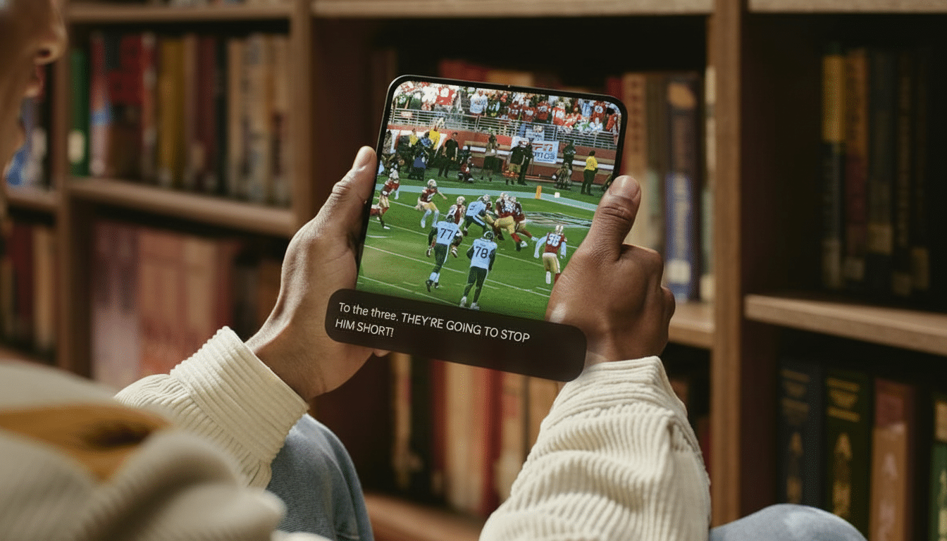 A person holding a tablet displaying a football game, with a caption To the three. Theyre going to stop him short! The background shows a bookshelf filled with books.