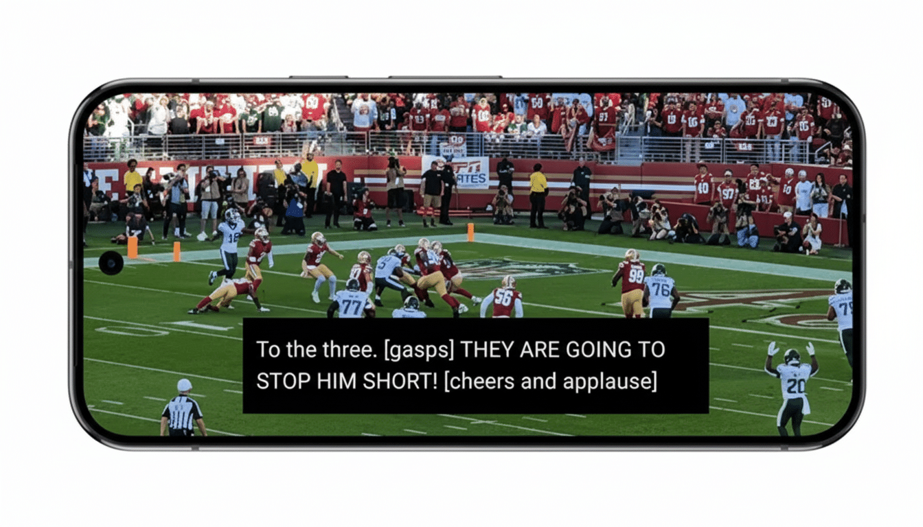A smartphone displaying a football game with the text To the three. [gasps] THEY ARE GOING TO STOP HIM SHORT! [cheers and applause] on the screen.