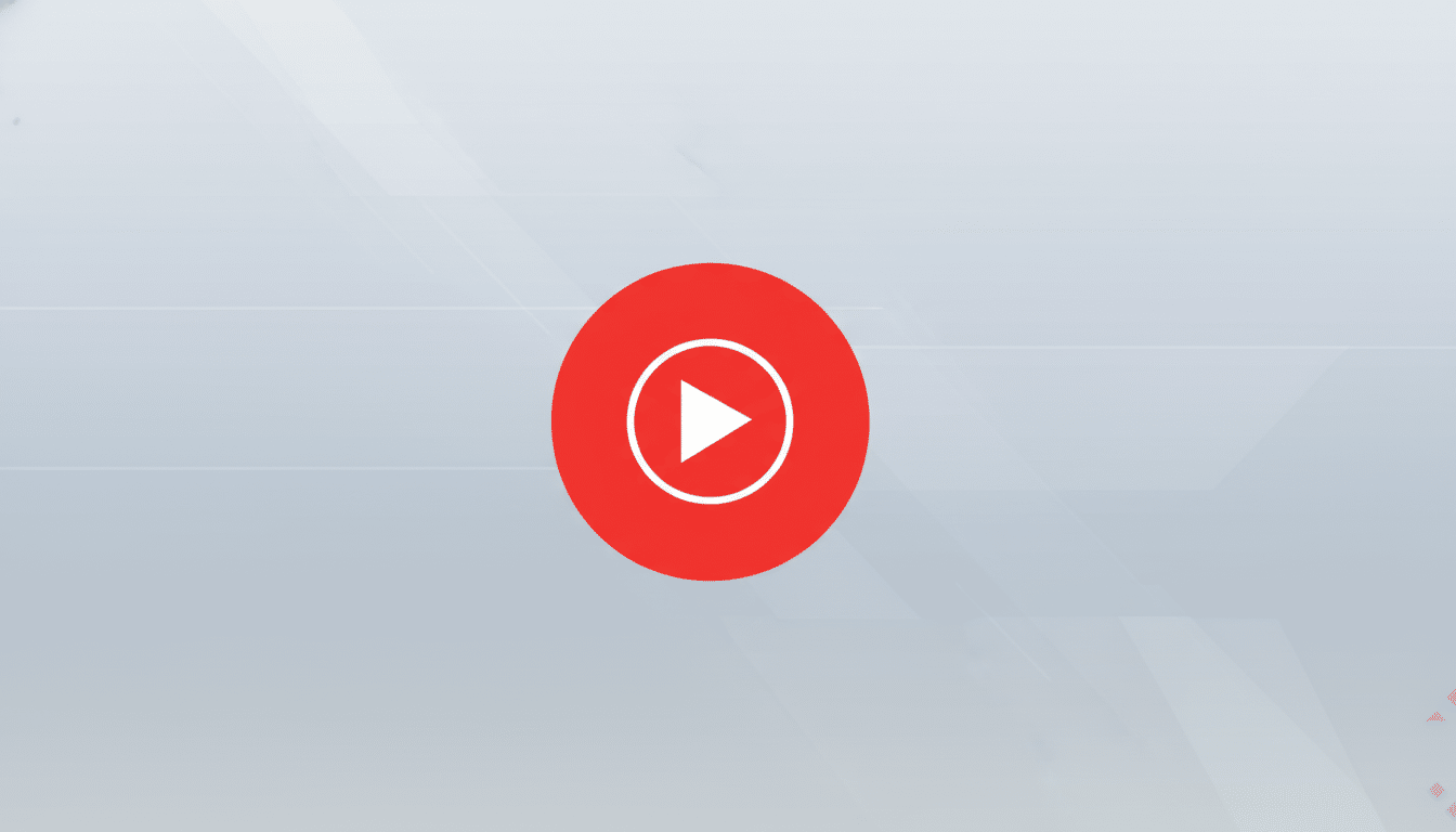 A red circular icon with a white play button symbol in the center, set against a professional flat design background with soft gray gradients and subtle geometric patterns.