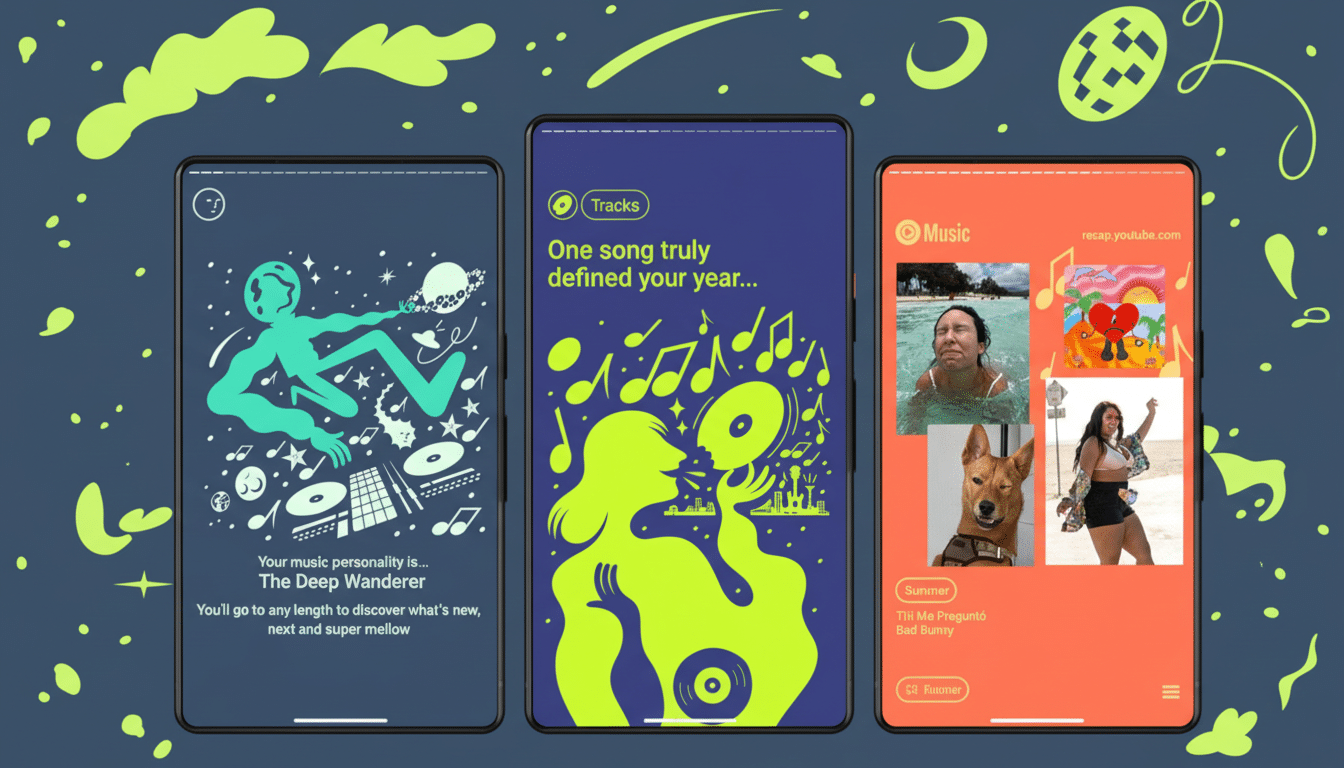 Three mobile phones displaying music app interfaces, with the left and middle phones showing abstract, colorful graphics related to music and personality, and the right phone showing a music recap with images of people, a dog, and album art.