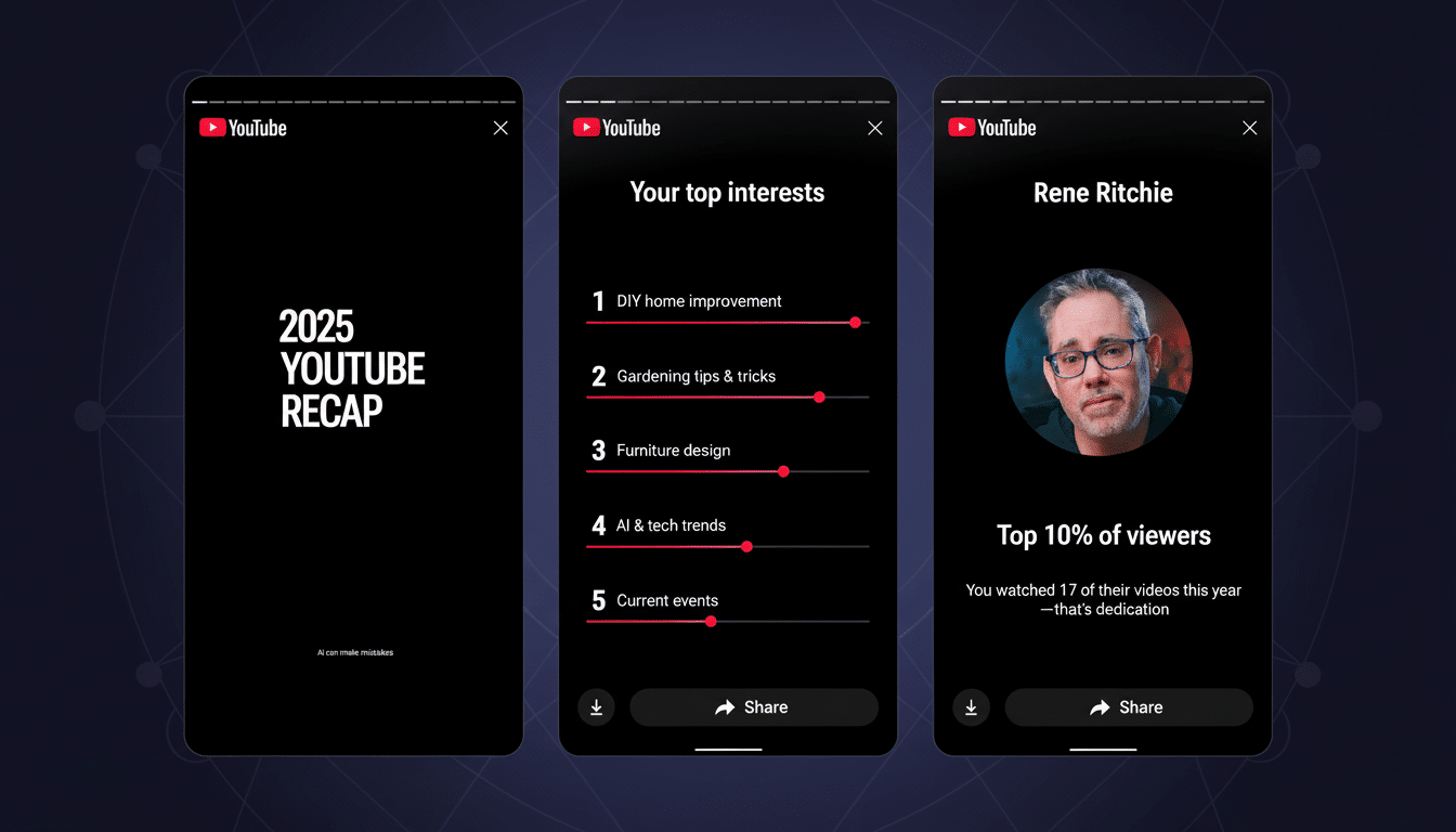 A 16:9 aspect ratio image showing three YouTube recap screens from 2025. The first screen says 2025 YouTube Recap. The second screen lists Your top interests as DIY home improvement, gardening tips & tricks, furniture design, AI & tech trends, and current events. The third screen features a profile picture of Rene Ritchie, stating Top 10% of viewers and You watched 17 of their videos this year—thats dedication. The background is a professional flat design with soft patterns.