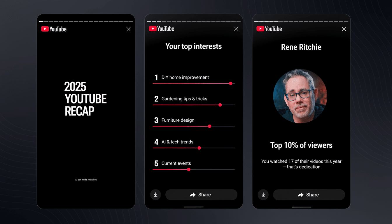 A 16:9 aspect ratio image showing three YouTube recap screens. The first screen says 2025 YouTube Recap. The second screen lists Your top interests as DIY home improvement, gardening tips & tricks, furniture design, AI & tech trends, and current events. The third screen shows a profile picture of Rene Ritchie and states Top 10% of viewers with the text You watched 17 of their videos this year—thats dedication.