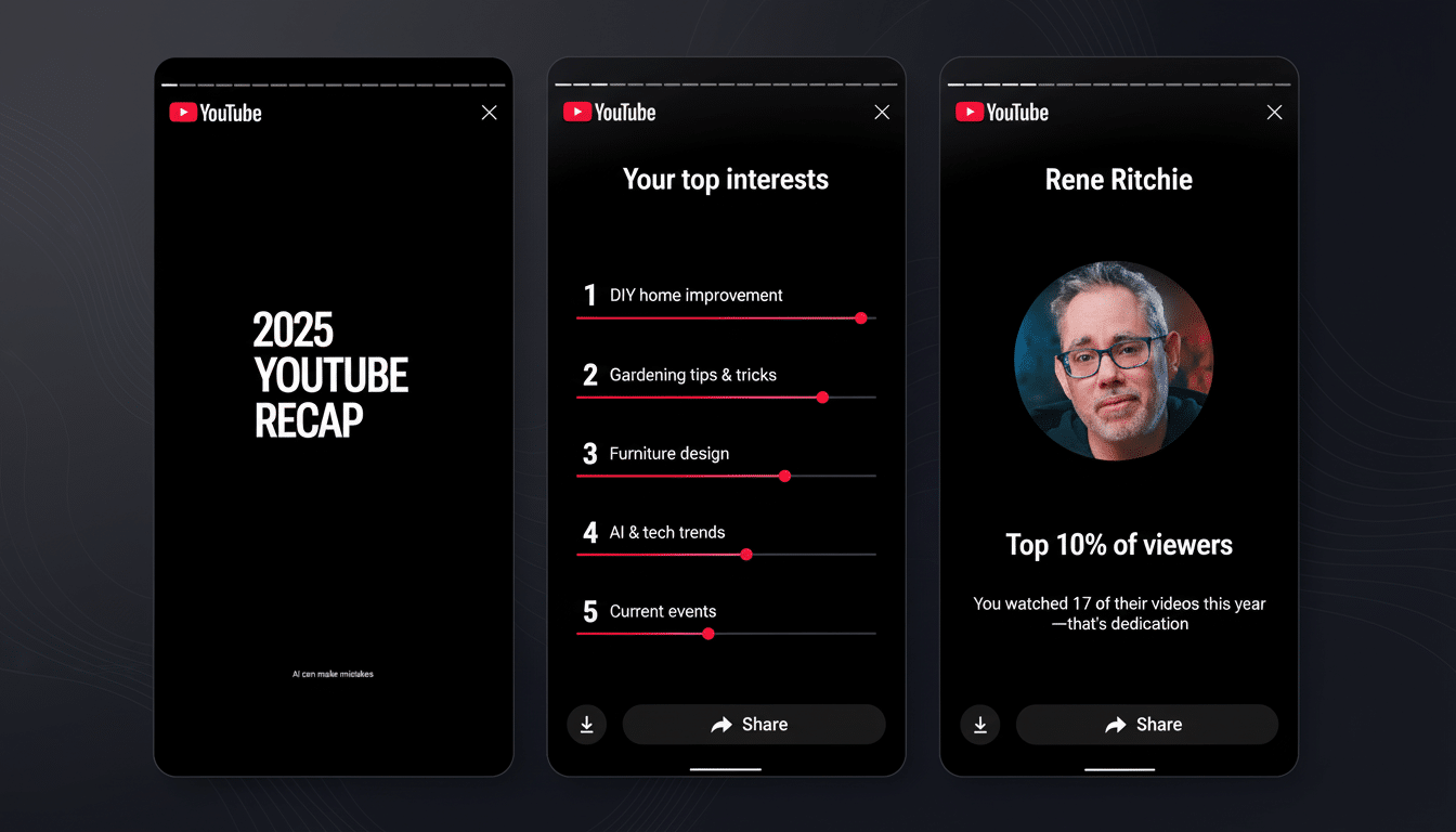 A 16:9 aspect ratio image showing three YouTube recap screens. The first screen says 2025 YouTube Recap. The second screen lists Your top interests as DIY home improvement, gardening tips & tricks, furniture design, AI & tech trends, and current events. The third screen shows a profile picture of Rene Ritchie and states Top 10% of viewers with the text You watched 17 of their videos this year—thats dedication.