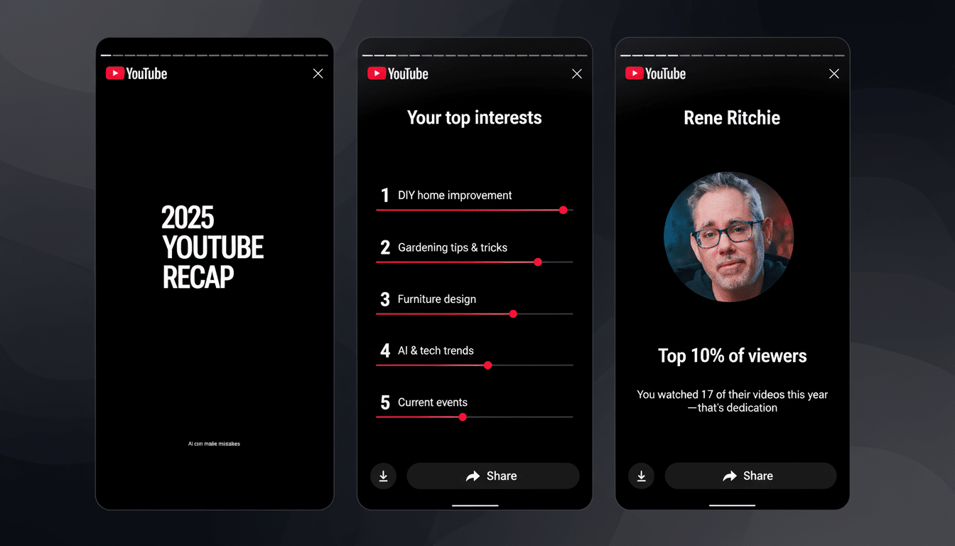 A 16:9 aspect ratio image showing three YouTube recap screens. The first screen displays 2025 YOUTUBE RECAP in white text on a black background. The second screen shows Your top interests with a list of five interests: DIY home improvement, gardening tips & tricks, furniture design, AI & tech trends, and current events, each with a red slider. The third screen features a profile picture of Rene Ritchie, stating Top 10% of viewers and You watched 17 of their videos this year—thats dedication.