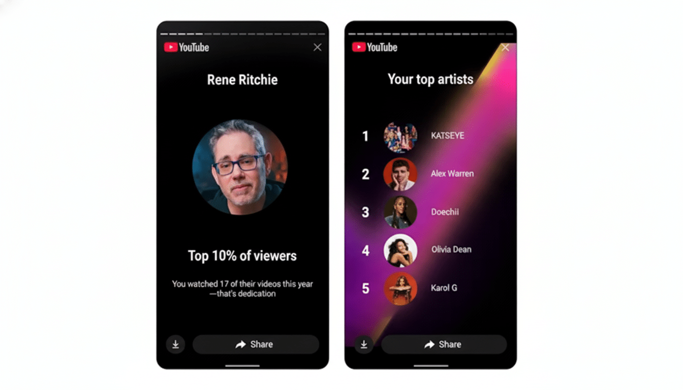 Two YouTube app screens are displayed side-by-side on a white background. The left screen shows Rene Ritchie at the top, with a circular profile picture of a man in glasses below it. Underneath, it says Top 10% of viewers and You watched 17 of their videos this year — thats dedication. The right screen shows Your top artists at the top, followed by a numbered list of five artists with their profile pictures: KATSEYE, Alex Warren, Doechii, Olivia Dean, and Karol G. Both screens have a Share button at the bottom.