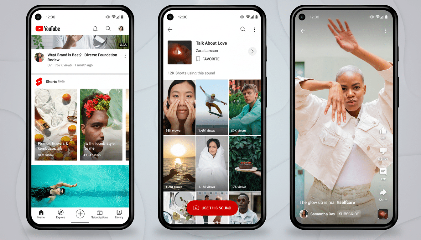 Three smartphone screens displaying different interfaces of the YouTube app. The left screen shows the YouTube homepage with various video thumbnails, including a Shorts Beta section. The middle screen displays a YouTube Shorts creation interface with a Talk About Love sound selected and a grid of short video previews. The right screen shows a full-screen YouTube Short featuring a person with short, light-colored hair posing, with the video title The glow up is real #selfcare and user Samantha Day.