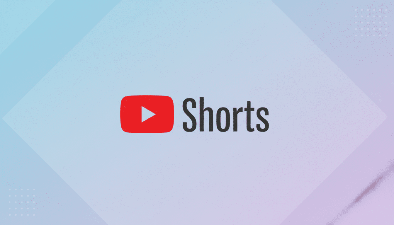 The YouTube Shorts logo, featuring a red play button icon next to the word Shorts in dark gray, centered on a professional flat design background with soft blue and purple gradients and subtle geometric patterns.