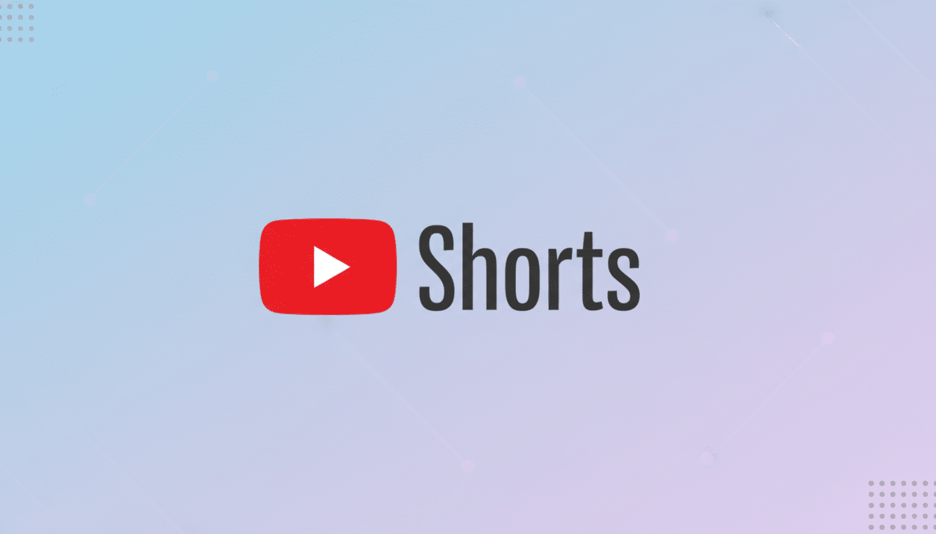 The YouTube Shorts logo, featuring a red play button icon next to the word Shorts in black, centered on a professional flat design background with soft blue and purple gradients and subtle geometric patterns.