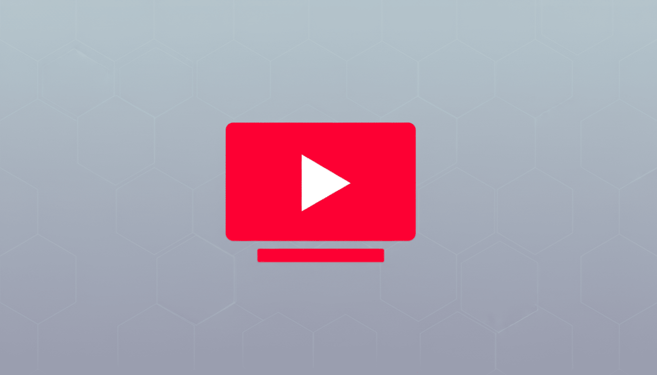 A red YouTube TV icon with a white play button on a gray background with a subtle hexagonal pattern.