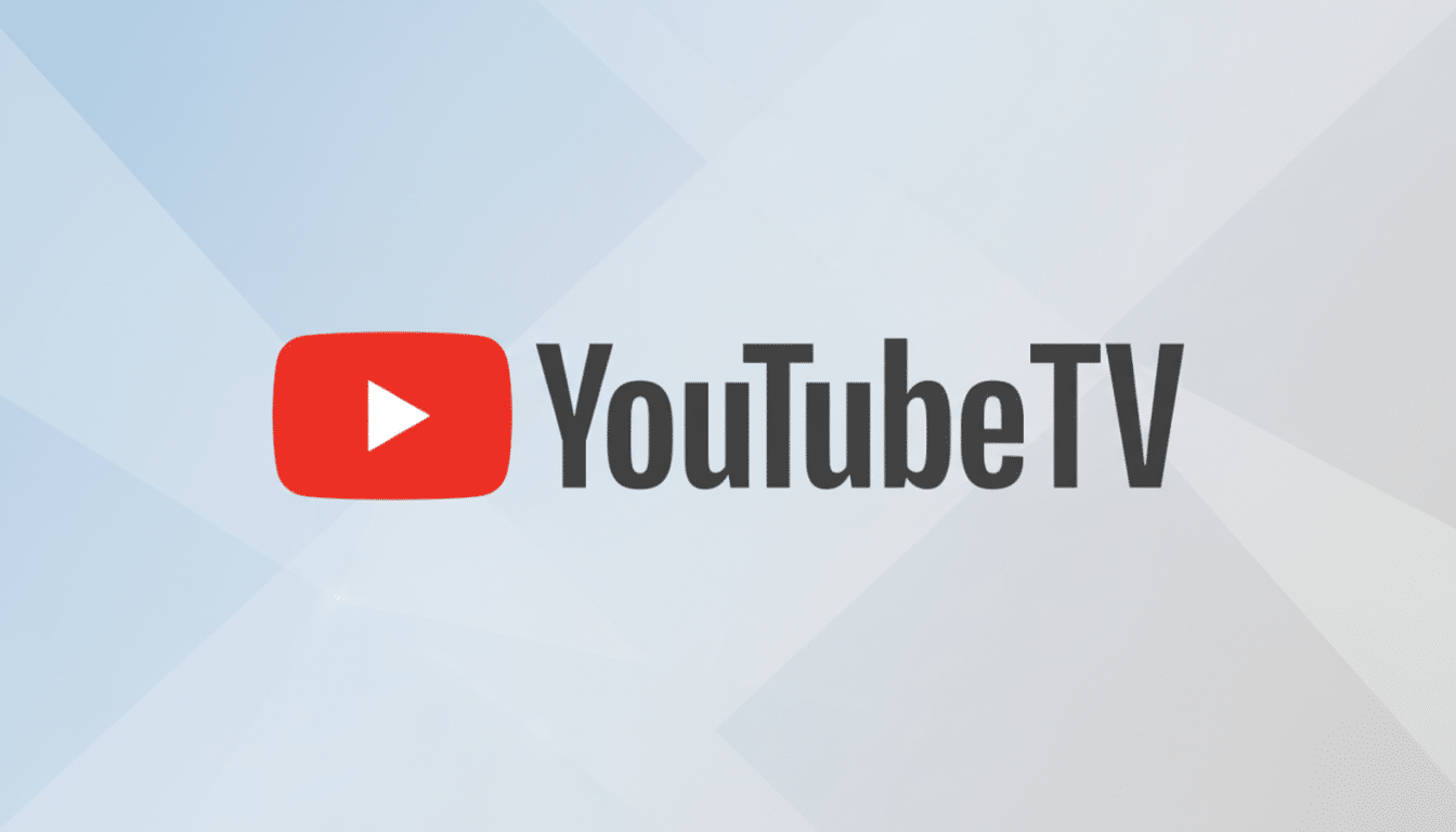 The YouTube TV logo, featuring a red play button icon next to the text YouTube TV in dark gray, set against a professional light gray background with subtle geometric patterns.