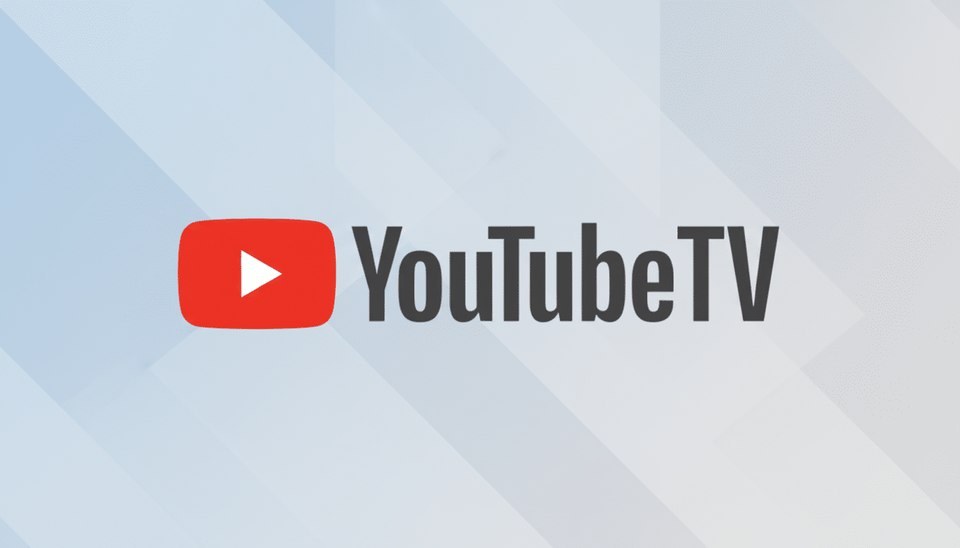 The YouTube TV logo, featuring a red play button icon next to the text YouTube TV in dark gray, presented on a professional light blue and gray gradient background with subtle diagonal patterns.