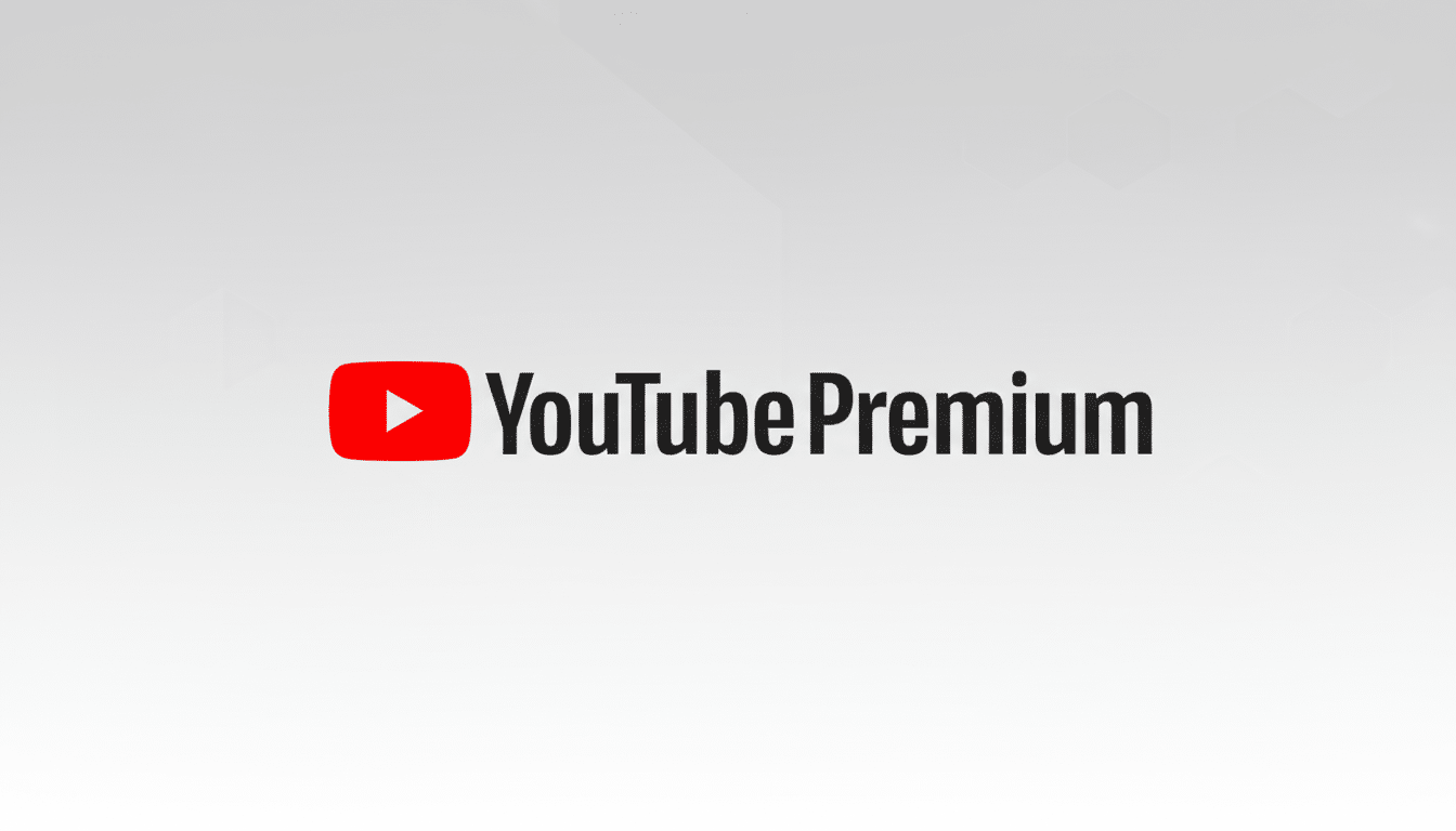 The YouTube Premium logo, featuring the red play button icon and YouTube Premium text in black, centered on a professional light gray background with subtle geometric patterns.