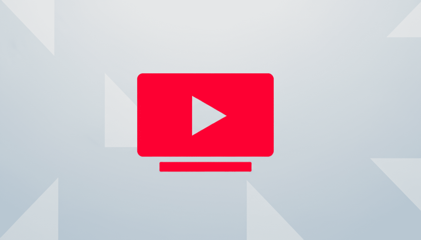 A red YouTube TV icon with a white play button on a professional flat design background with soft gray patterns.