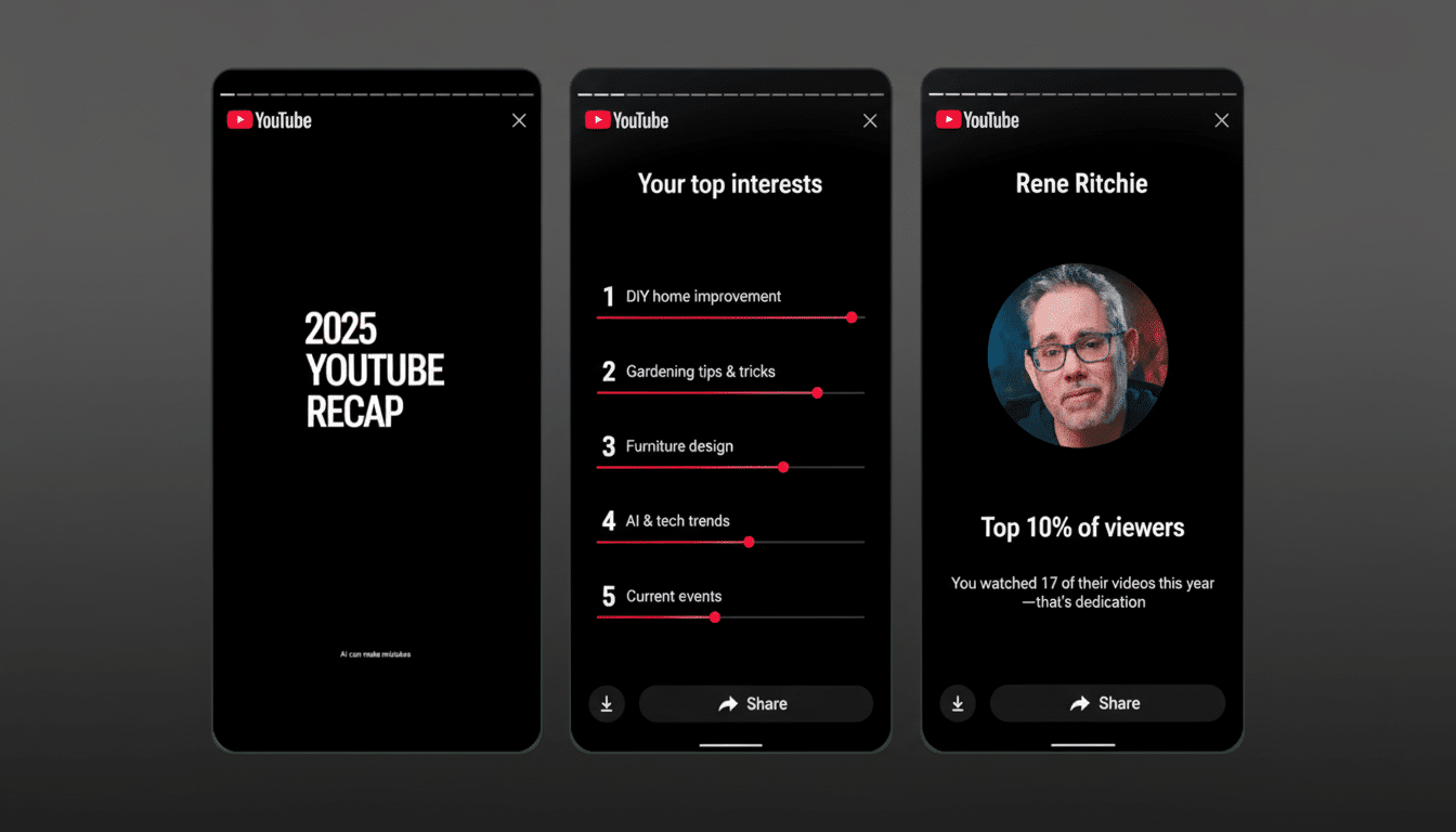 A 16:9 aspect ratio image showing three YouTube recap screens. The first screen says 2025 YouTube Recap. The second screen lists Your top interests as DIY home improvement, gardening tips & tricks, furniture design, AI & tech trends, and current events. The third screen shows a profile picture of Rene Ritchie and states Top 10% of viewers with the text You watched 17 of their videos this year—thats dedication. The background is a professional flat design with a soft gradient.