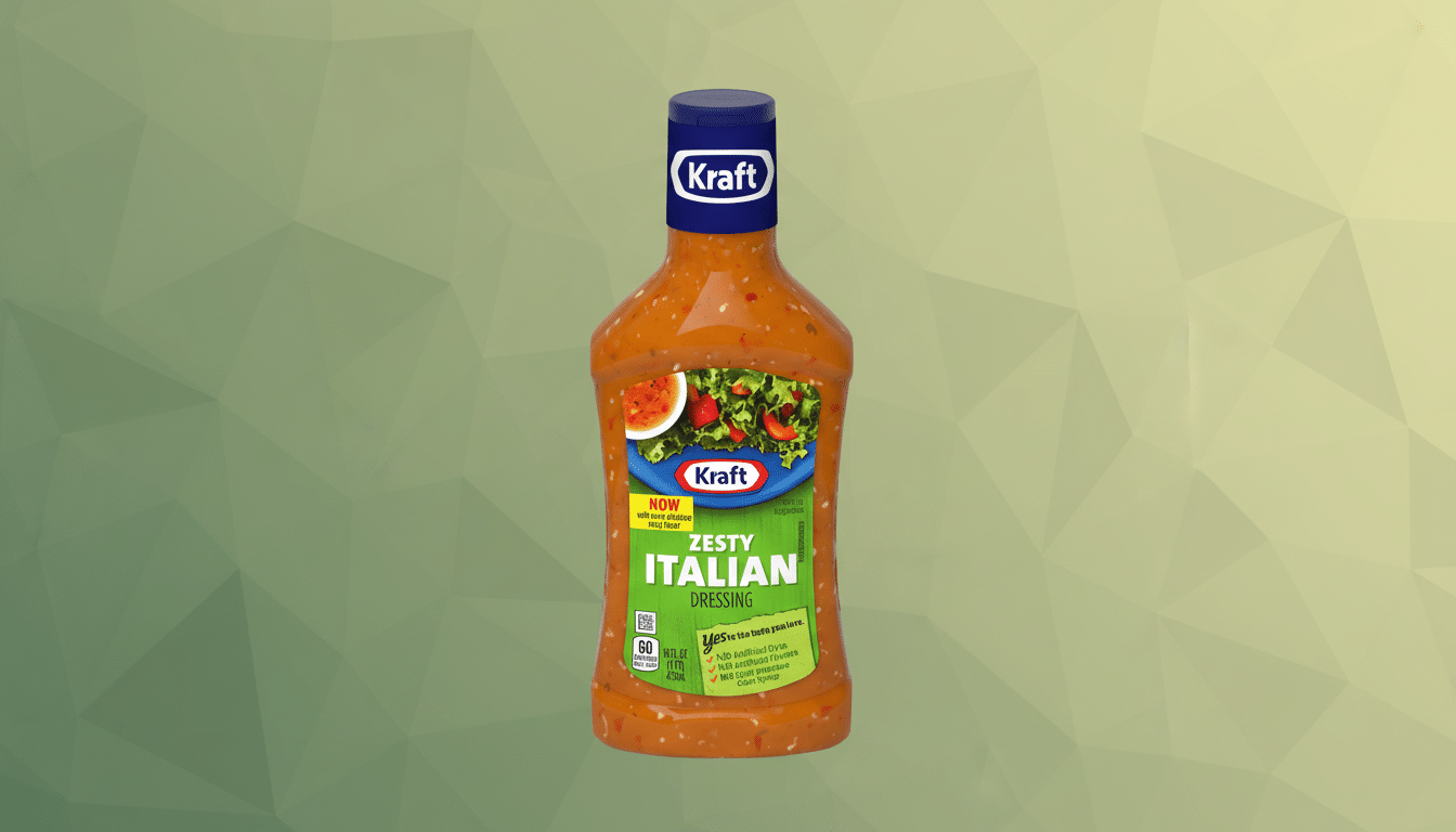 A bottle of Kraft Zesty Italian Dressing on a professional flat design background with soft patterns and gradients.