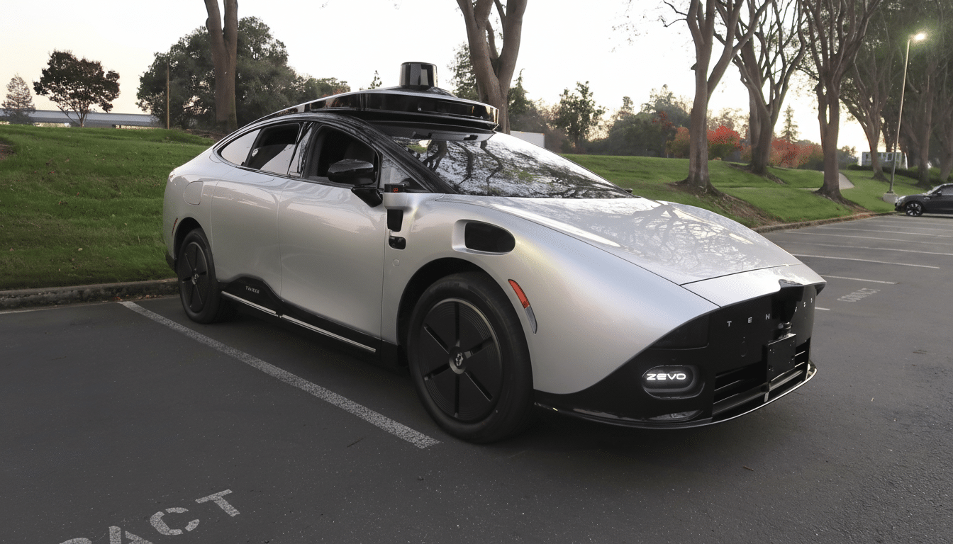 A silver autonomous vehicle with a black roof and sensors parked in a lot with trees in the background, resized to a 16:9 aspect ratio.