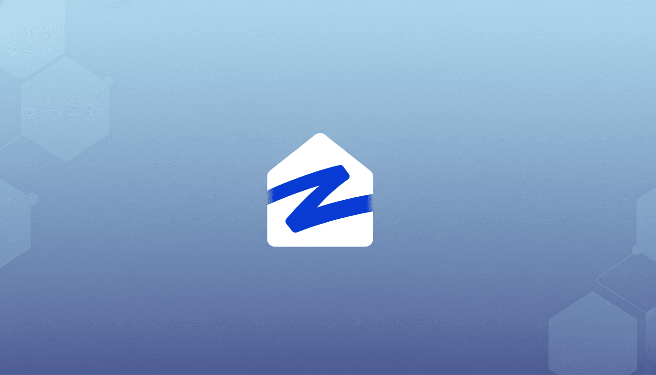 A white house icon with a blue Z shape inside, set against a professional flat design background with soft blue gradients and subtle hexagonal patterns.