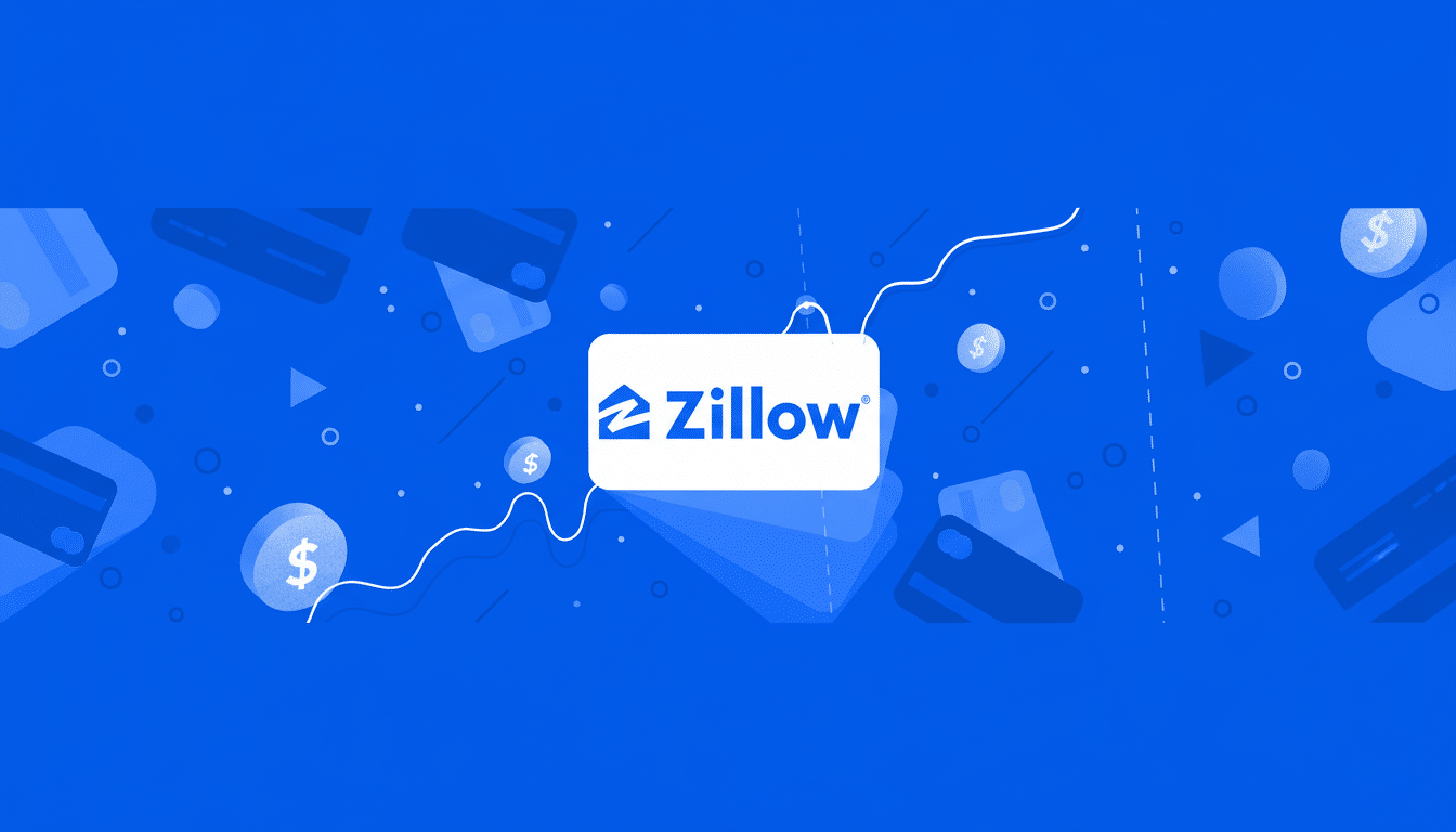 The Zillow logo, a blue house icon and Zillow text on a white rounded rectangle, centered on a vibrant blue background with abstract white lines, circles, and dollar sign coins.