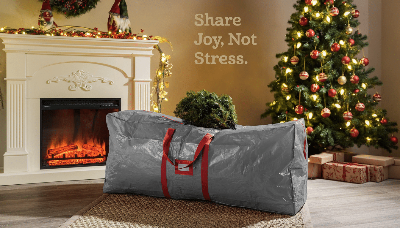 A grey Christmas tree storage bag with red handles sits on a rug in front of a fireplace and a decorated Christmas tree. The text Share Joy, Not Stress. is visible on the wall.