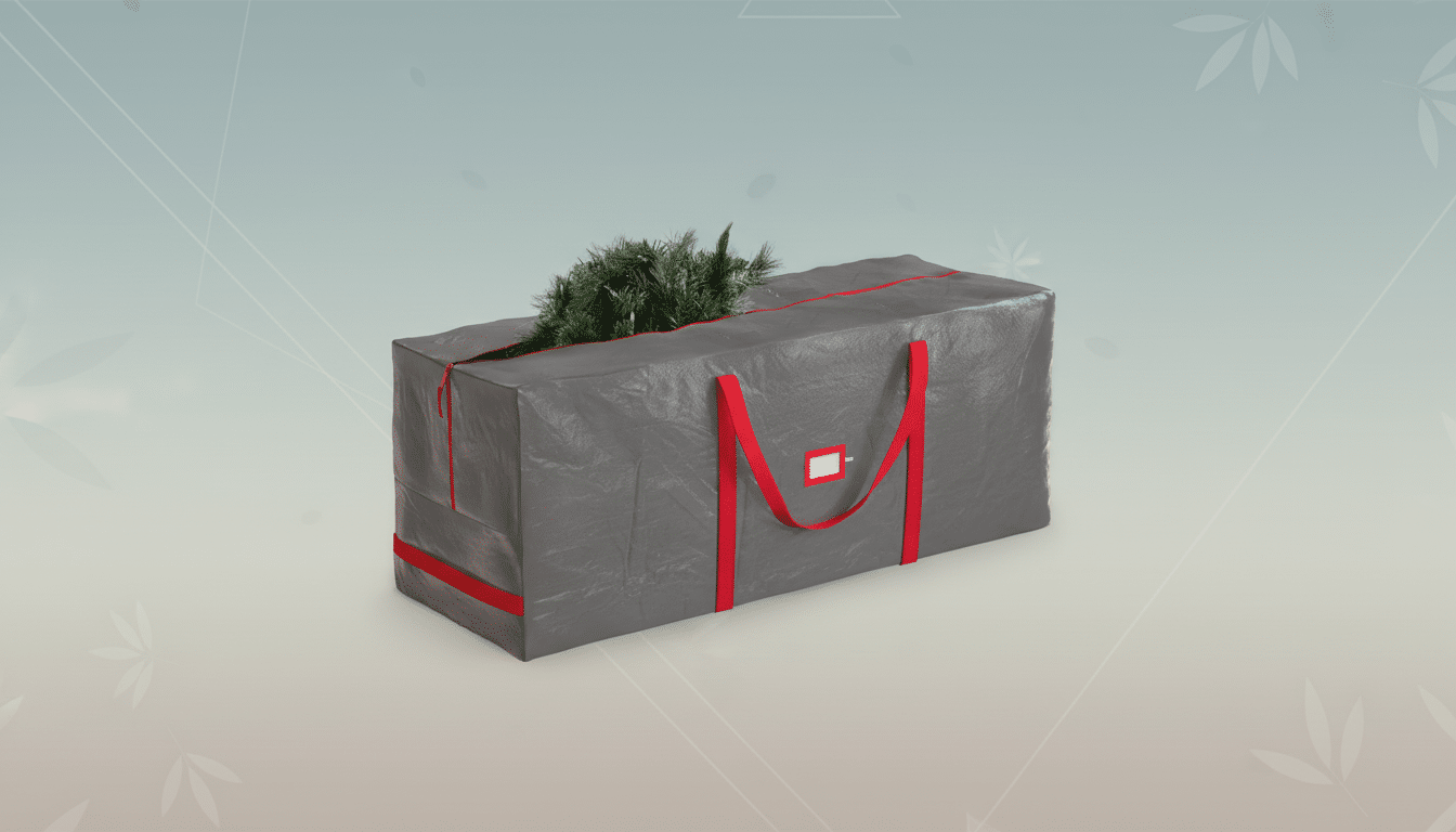 A grey rectangular storage bag with red straps and a clear label holder, partially unzipped to reveal green artificial Christmas tree branches, set against a professional flat design background with soft patterns and gradients.