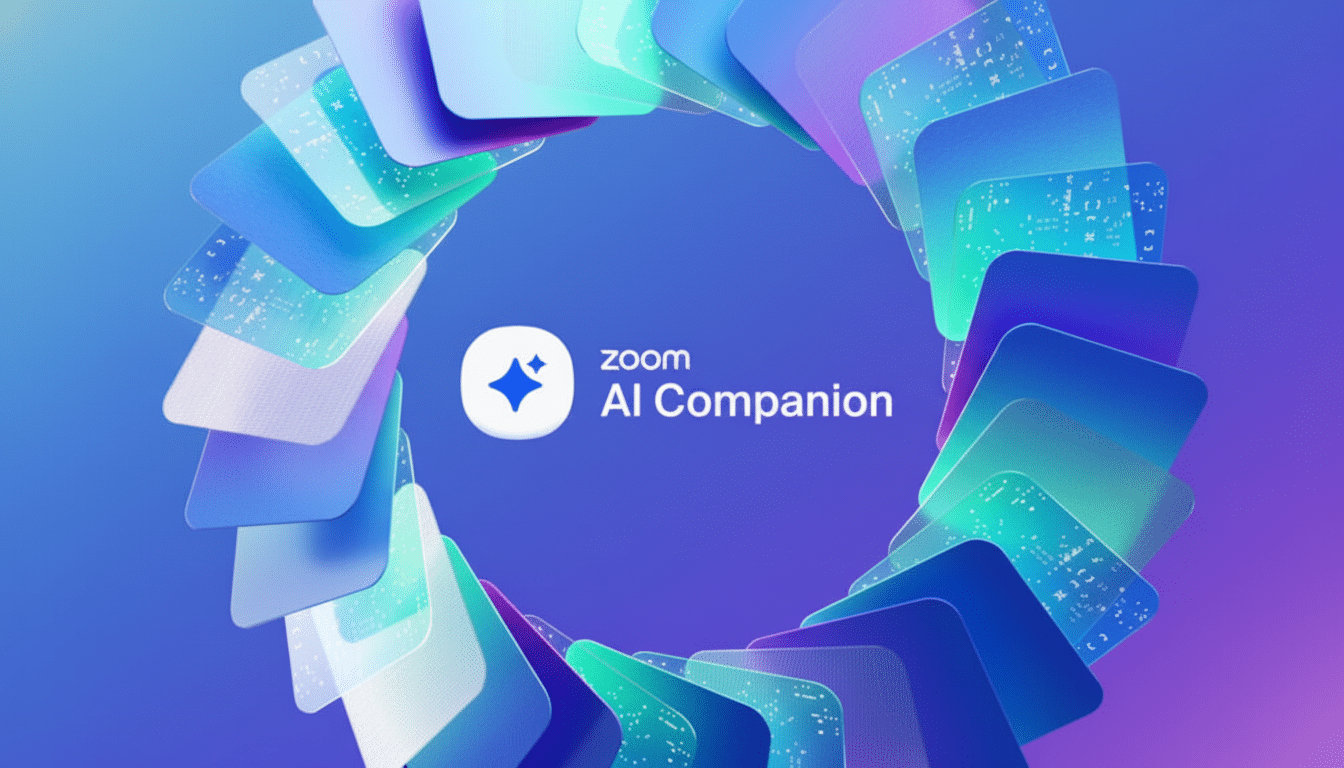 The Zoom AI Companion logo and text are centered within a circular arrangement of overlapping, translucent, rounded squares in shades of blue, purple, and green, set against a gradient background.