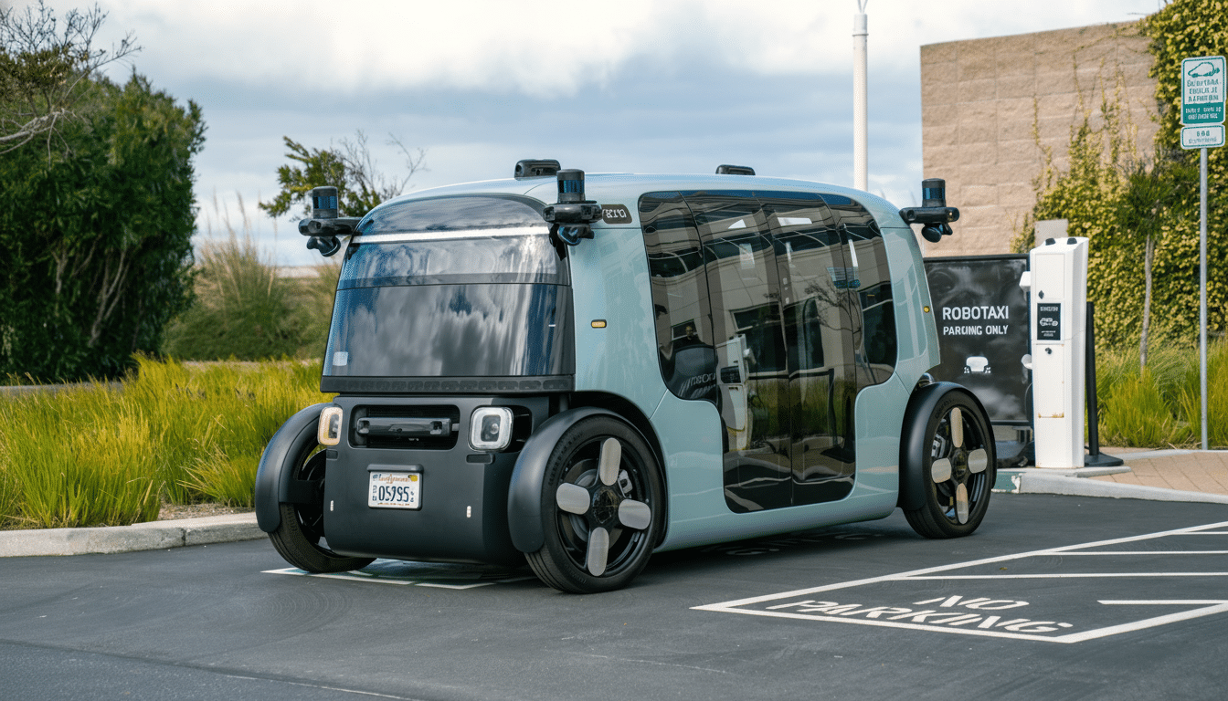 A light blue autonomous robotaxi parked in a lot with a ROBOTAXI PARKING ONLY sign.