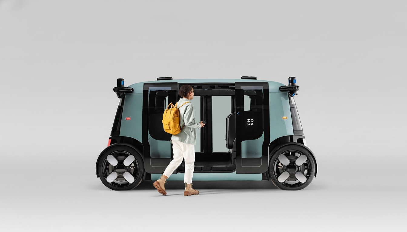 A woman with a yellow backpack walking towards the open door of a teal autonomous vehicle.
