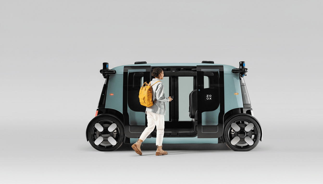 A woman with a yellow backpack walking towards the open door of a light blue autonomous vehicle.
