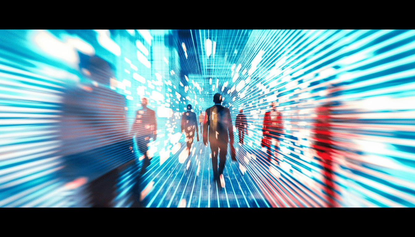 A group of silhouetted figures walking through a futuristic, brightly lit tunnel with blue and white light streaks.