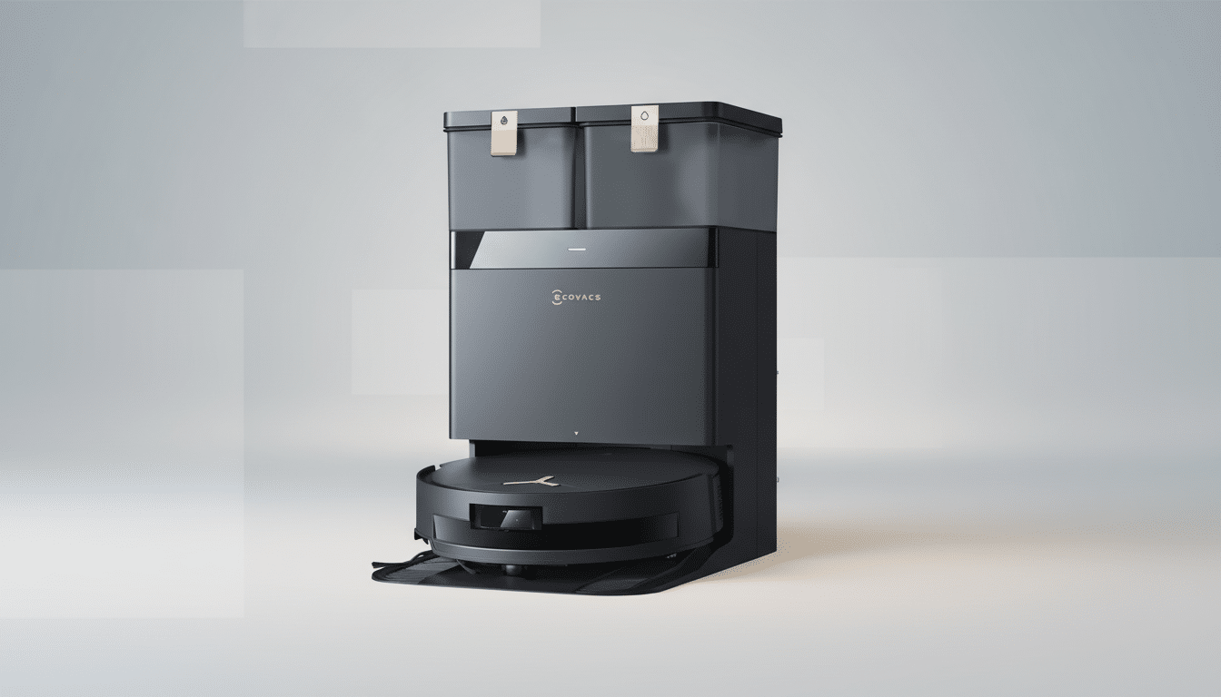 A dark gray Ecovacs robot vacuum and its tall, matching charging and emptying station are centered against a professional light gray background with subtle, soft patterns.