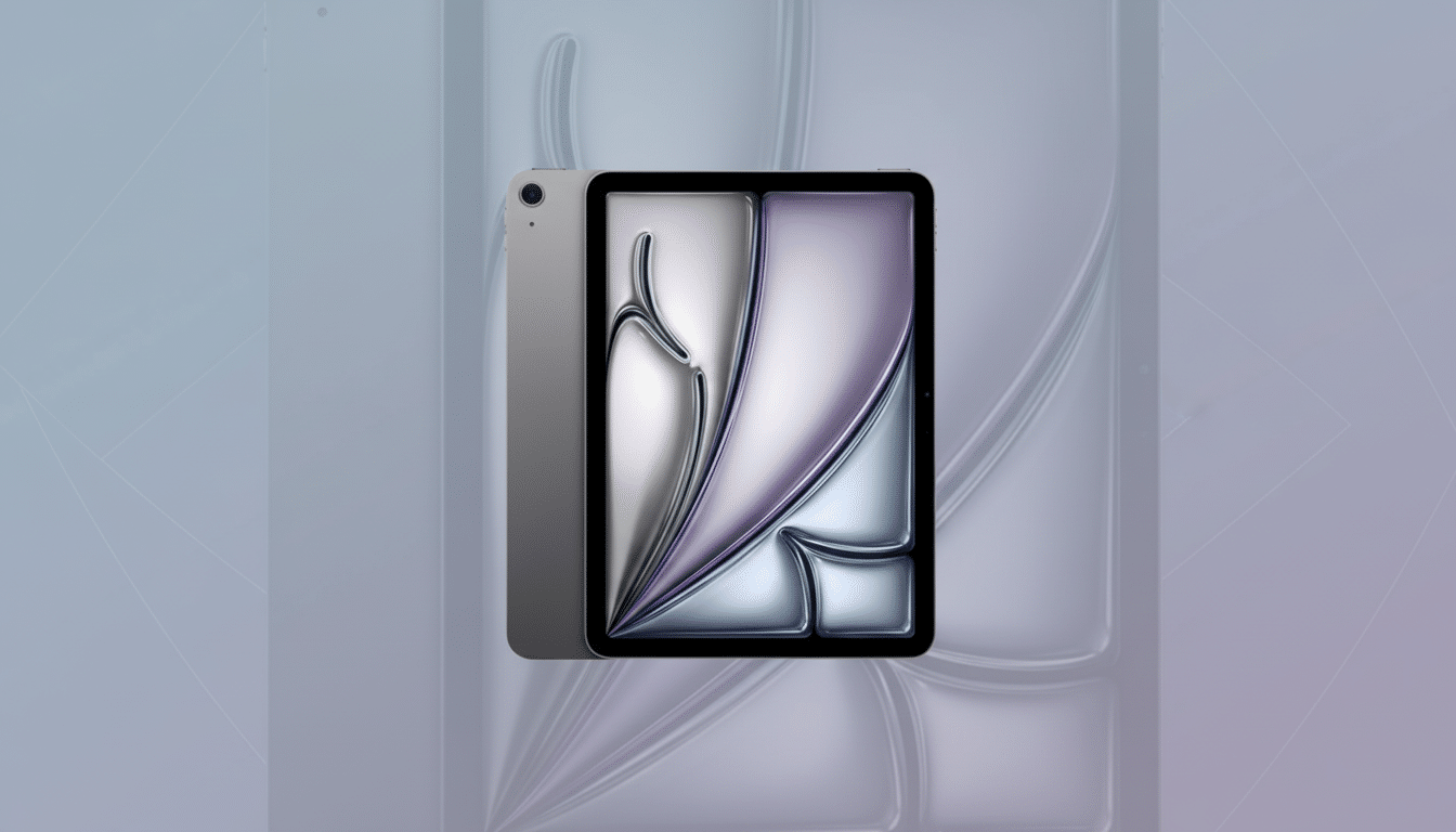 A gray tablet with a screen displaying an abstract design in silver and purple, set against a professional flat background with soft patterns and gradients.