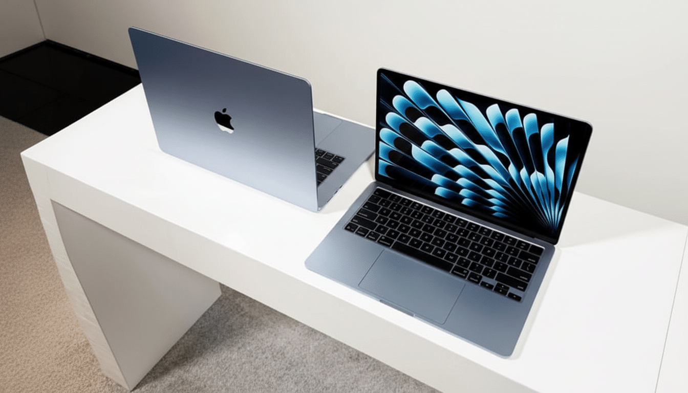 Two silver MacBook Air laptops are displayed on a white table. One is open, showing a blue and black abstract wallpaper, and the other is closed, displaying the Apple logo on its lid.