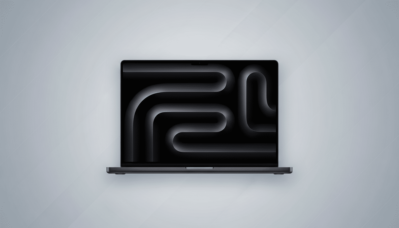 A dark gray laptop with a black screen displaying a dark, abstract pattern of curved lines, set against a light gray background with subtle diagonal patterns.