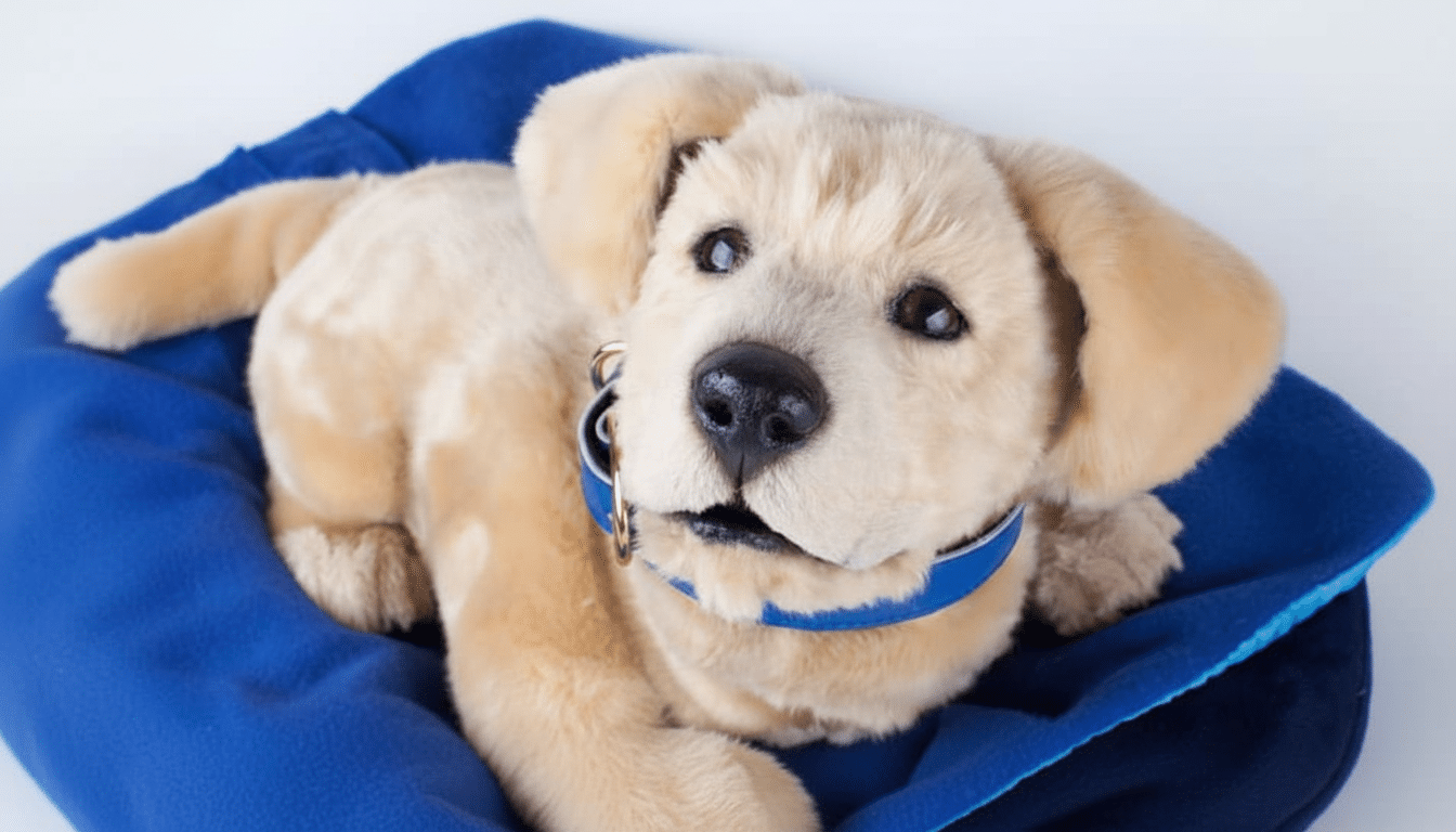 A plush golden retriever puppy toy with a blue collar, lying on a blue blanket.