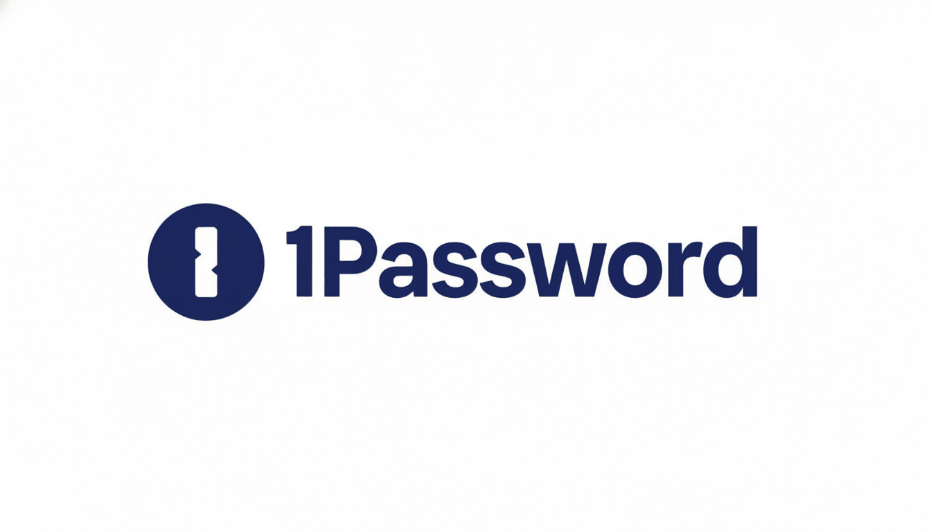 The 1Password logo, featuring a dark blue icon resembling a key or a bracketed exclamation mark, followed by the word 1Password in dark blue text, all set against a clean white background.