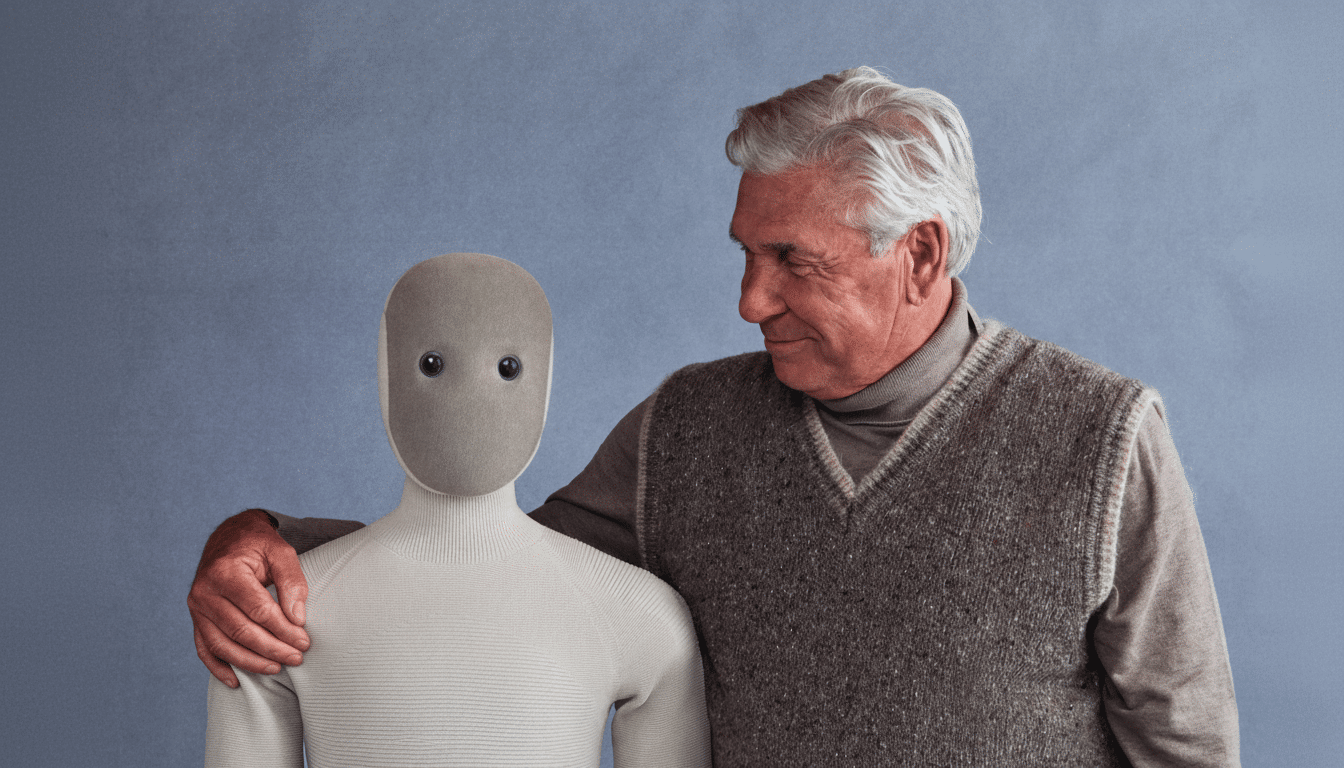 An elderly man with white hair and a brown sweater vest stands with his arm around a humanoid robot with a beige head and body, against a blue-gray background.
