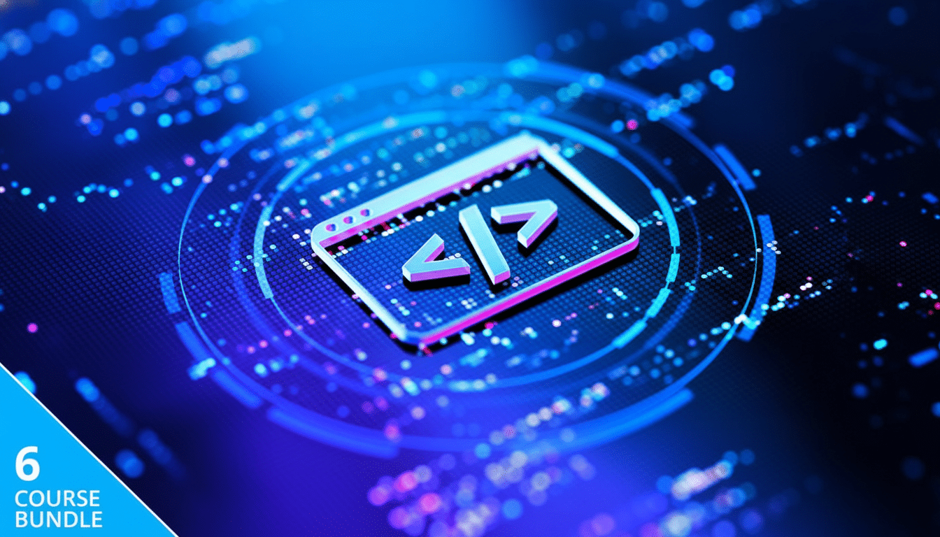 A 16:9 aspect ratio image featuring a glowing code icon on a blue and purple digital background, with a 6 COURSE BUNDLE tag in the bottom left corner.