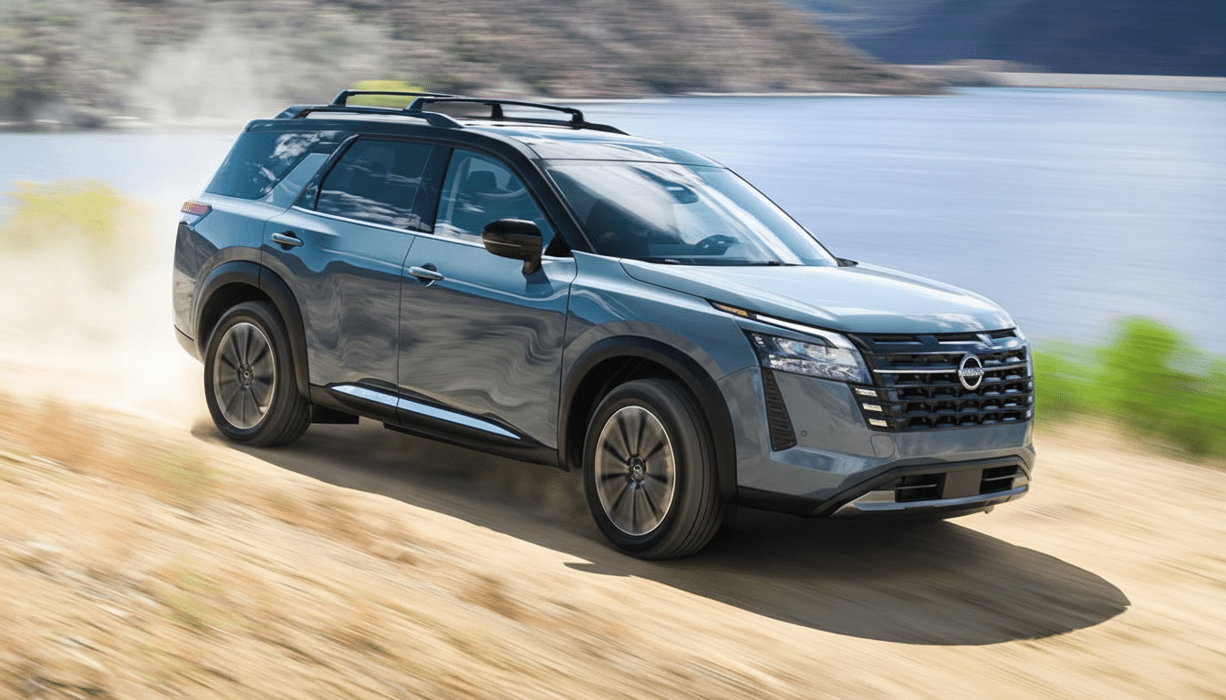 A gray Nissan Pathfinder SUV driving on a dirt road next to a body of water.