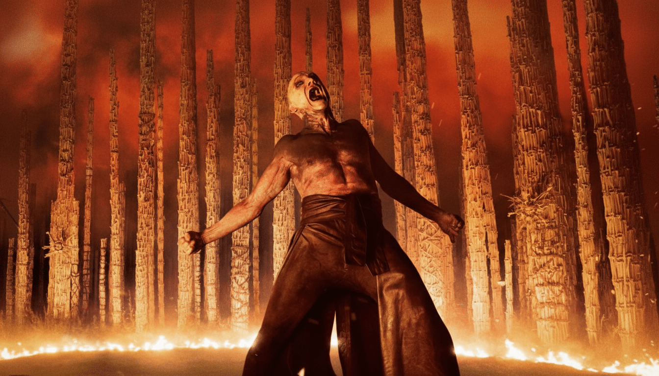 A pale, bald figure with a gaunt face and open mouth, appearing to scream, stands with arms outstretched in a fiery, desolate landscape. Tall, dark, spire-like structures rise behind the figure against an orange and red sky, with flames licking the ground in the foreground.