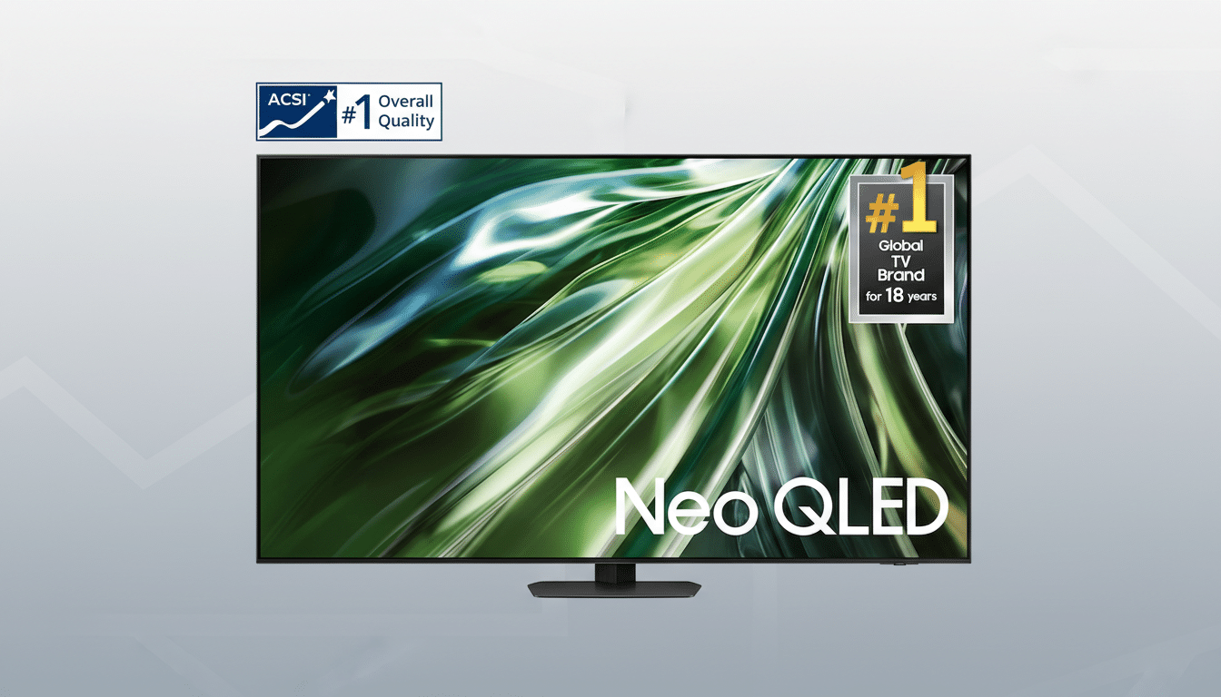 A Samsung Neo QLED TV with a professional flat design background featuring soft patterns and gradients.