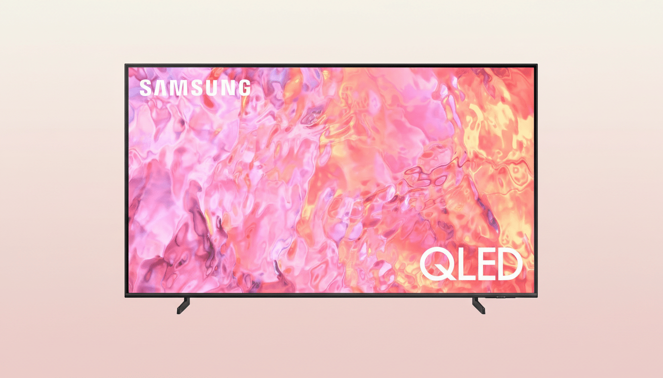 A Samsung QLED television with a vibrant pink and orange abstract image on its screen, set against a soft, light pink gradient background.