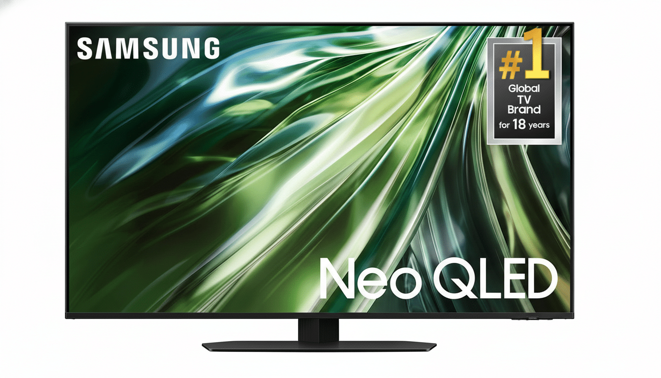 A Samsung Neo QLED TV with a green and white abstract image on the screen, and a Global TV Brand for 18 years badge in the top right corner.