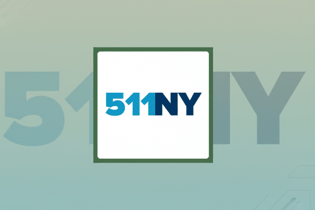 The 511NY logo, featuring 511 in light blue and NY in dark blue, centered on a white square with a dark green border. The background is a soft gradient of teal and grey with a subtle, faded 511NY pattern.