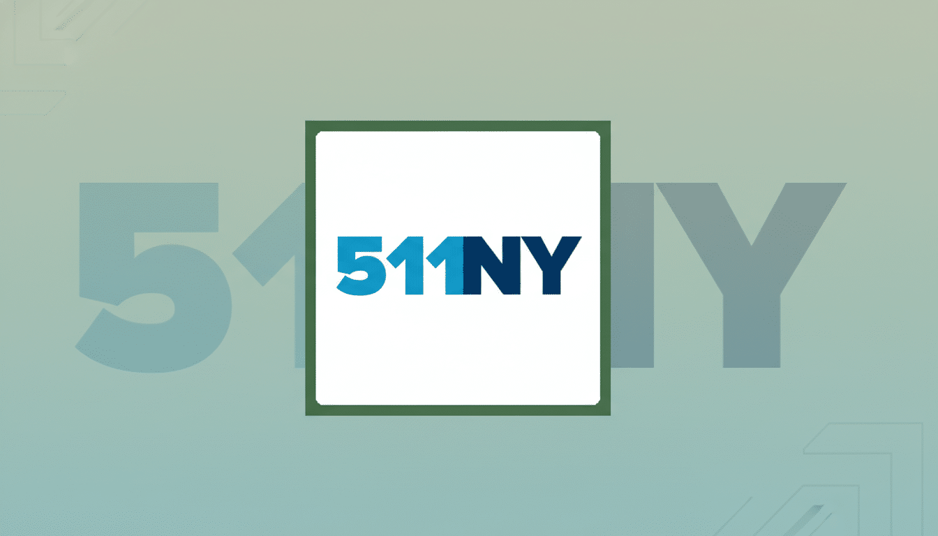 The 511NY logo, featuring 511 in light blue and NY in dark blue, centered on a white square with a dark green border. The background is a soft gradient of teal and grey with a subtle, faded 511NY pattern.