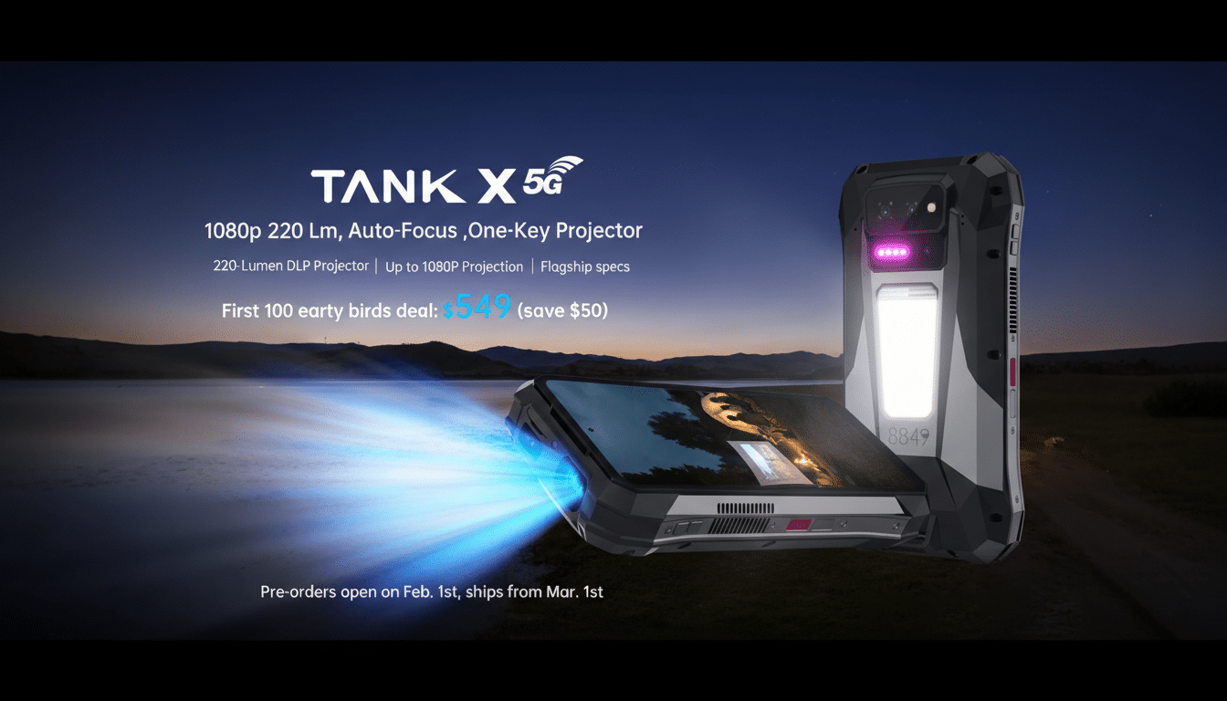 A 16:9 aspect ratio image of the TANK X 5G projector phone, showcasing its projection capabilities over a lake at night. The phone is displayed with its screen facing up, projecting an image, and its back showing a bright light. Text overlays highlight features like 1080p 220 Lm, Auto-Focus, One-Key Projector and a First 100 early birds deal: $549 (save $50).